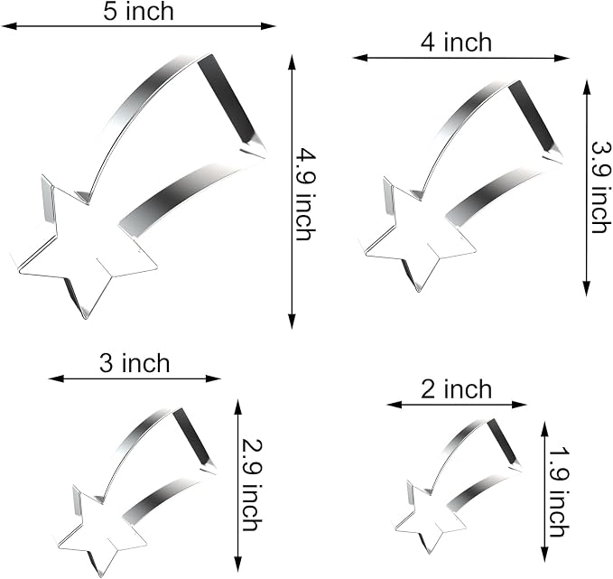 Shooting Star Cookie Cutter Set - 5 inch, 4 inch, 3 inch, 2 inch - 4 Piece Meteor Falling Star Cookie Cutters Shapes Molds - Stainless Steel