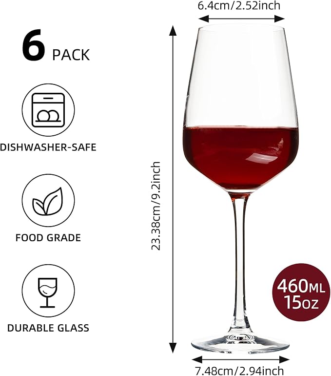 15oz Wine Glasses Set of 6, Thickened Stemmed Glasses for Red/White Wine, Heavy Base Clear Red Wine Glasses for Everyday, Wine Lovers, Parties, Gifts, Dishwasher Safe, 460ml, 6 Piece Set