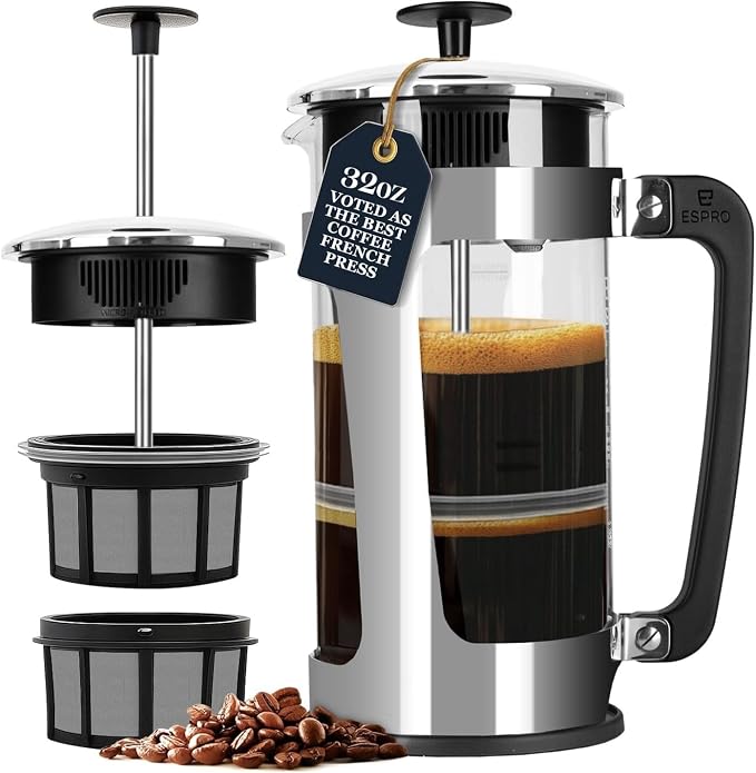 ESPRO P5 French Press Coffee Maker, 32oz, Polished, Stainless Steel Press | Double Filter Coffee Press, Thicker Borosilicate Heat Resistant Glass french press, Tea Press, Easy Coffee Brewer, Tea Brewer