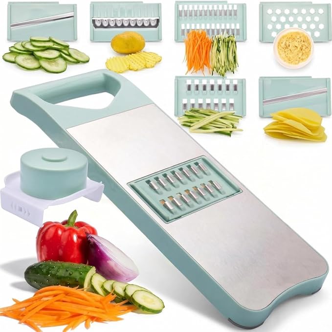 NACOLUS 6-Blade Mandoline Slicer for Kitchen,Handheld Vegetable Slicer | stainless steel surface,straight slicer 1/3mm,shredder 2/3mm,waffle fry cutter,grater,finger-safe hand guard,garlic slicer
