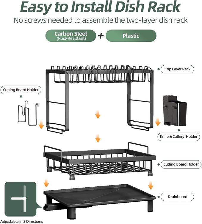 2-Tier Dish Drying Rack for Kitchen Counter, Space-Saving, Black | Rustproof Carbon Steel, Auto Drain Spout, Space-Saving Dish Rack with Drainboard, Utensil & Cup Holders, Countertop Organizer