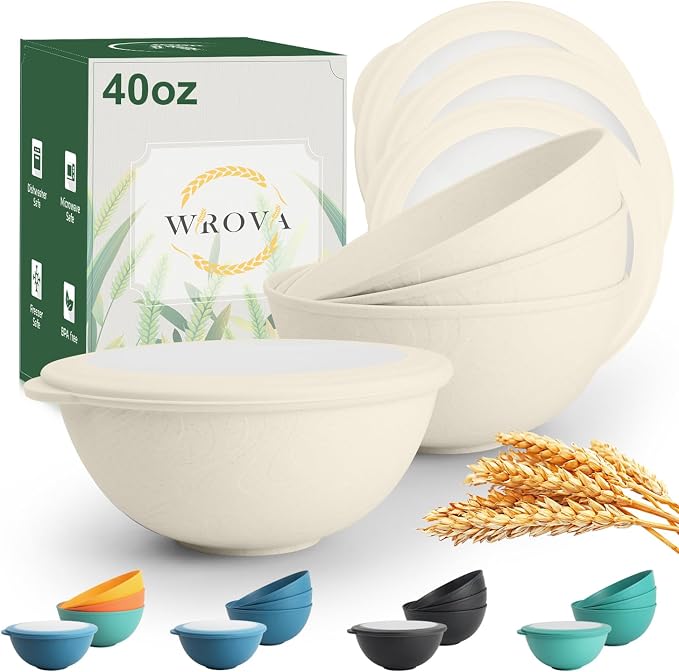 Wheat Straw Bowls with Lids Set of 4, Unbreakable Cereal Bowls 40oz, Microwavable Salad Container for Lunch Alternative to Plastic Bowl, Dishwasher Safe Bowl for Kitchen & Outdoor-Beige