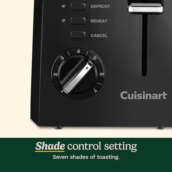 Cuisinart Compact Toaster, 7 Shade Settings, 2-Slice Capacity, Black | 2 slice toaster for bagels & bread with defrost/reheat/cancel functions, removable crumb tray & compact design, CPT-122BK