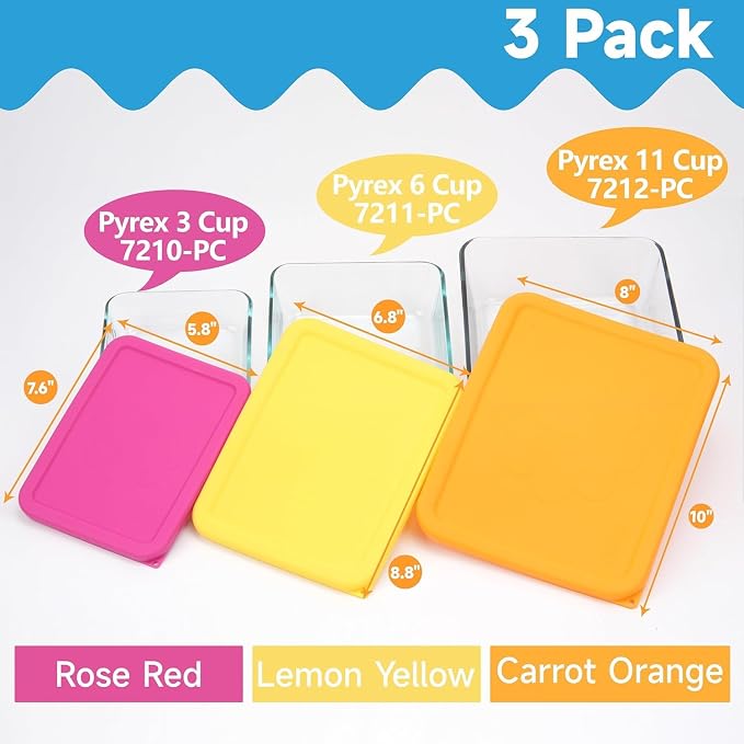 3 Cup 6 Cup 11 Cup Rectangle Silicone Storage Cover Lids Replacement for Pyrex 7210-PC, 7211-PC, 7212-PC Glass Bowls, (Container not Included) 3 Pack, Microwave, Dishwasher and Freezer Safe