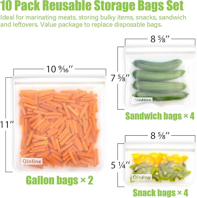 Qinline Reusable Food Storage Bags - 10 Pack Freezer Bags, Reusable Bags , Extra Thick Leakproof Reusable Lunch Bag for Salad Fruit Snack Travel - 2 Gallon 4 Sandwich 4 Snack Bags