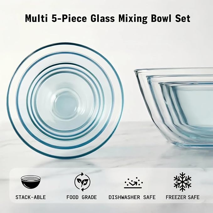 Cuiselect 5pc Glass Mixing Bowls with Lids Set (4.65QT, 2.80QT, 1.64QT, 1.16QT, 0.85QT), Nesting Salad Bowl, Glass Mixing Bowl for Cooking, Baking, Prepping-Dishwasher Microwave Freezer Safe(Green)