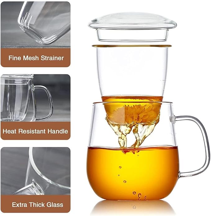 DOPUDO Glass Teacups 4 Pack Glass Tea Cup with Infuser and Lid, 17.6oz/520ml Large Borosilicate Teacup,Tea Clear Mug Cup for Loose Leaf Blooming Tea, Microwave & Dishwasher Safe.