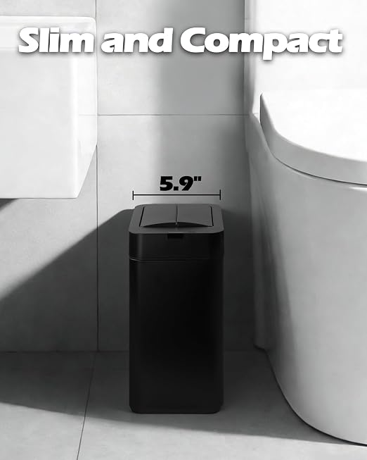 ELPHECO Slim Bathroom Trash Can with Lid 2.6 Gallon Smart Trash Can Black | Motion Sensor Butterfly Lid Garbage Can Automatic Stainless Steel Wastebasket Bathroom Decor for Bedroom Office Toilet