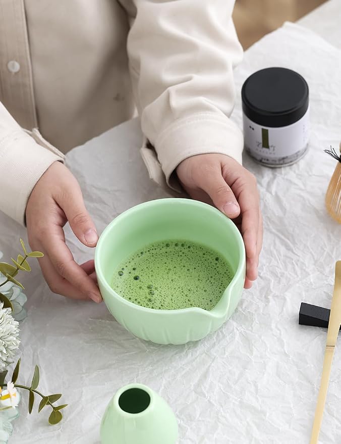 TANG PIN Matcha Set - Match Bowl and Whisk, 15 OZ Matcha Whisk Set | Matcha Scoop | Matcha Whisk Stand (Chasen Holder) - 5pc Perfect Matcha Kit for Matcha Tea Ceremony (Green)