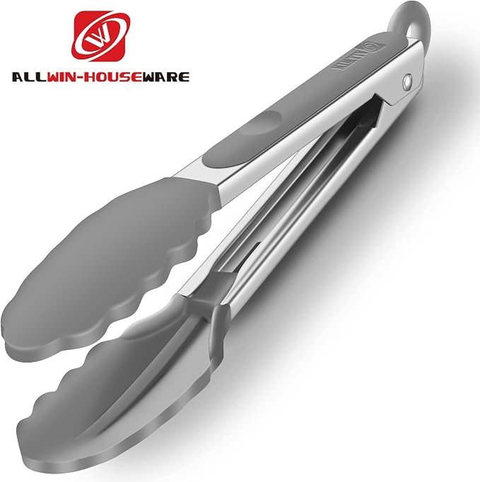 2 Pack Silicone Kitchen Tongs, 9 & 12 Inch, Stainless Steel, Grey | Heat Resistant to 500°F with BPA-free Silicone Tips, Locking Clip and Nonslip Handles for Nonstick Cookware and Grilling