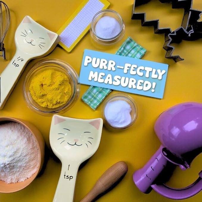 Cat Measuring Spoons Set of 4, Ceramic Baking Kitchen Gifts for Women | Decorative Themed Gifts for Cat Lovers, Cute Kitchen Accessories for Cat Mom Gifts, Functional Baking Utensils and Cat Merch