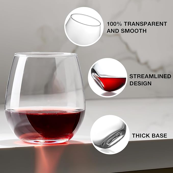 Meolibour® Large Stemless Wine Glasses Set of 6, 17 Ounces Red & White Wine Glasses Tumbler for Party, Clear Drink Glasses, Ideal Wine Accessories Gift, Lead-free, Dishwasher Safe