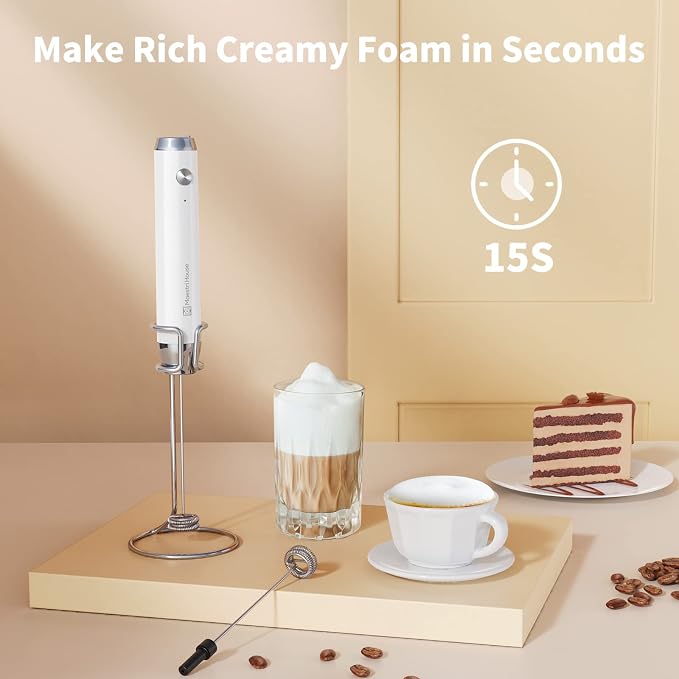 Maestri House LunaFro Rechargeable Milk Frother,Stand & 2 Detachable Whisks | 8000RPM Turbo Motor, 1200mAh lithium battery, Handheld Milk Frother for Lattes, Cappuccino, Matcha & Powdered Supplements