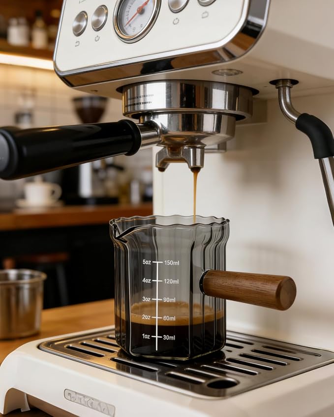 Espresso Measuring Cup 5 Oz, Espresso Glass Cups with Wood Handle, Milk Frothing Cup, Espresso Cup for Coffee, Milk, Tea or Maple Syrup Serving (Gray, 5 oz)