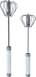 Stainless Steel Push Whisk - Easy to Use Manual Hand Mixer & Plunger Whisk - Make Froth, Foam & Whipped Cream - Semi Auto Egg Beater Plastic Tip Won’t Scratch Pans (2 Pack 10in & 12in) WHITE