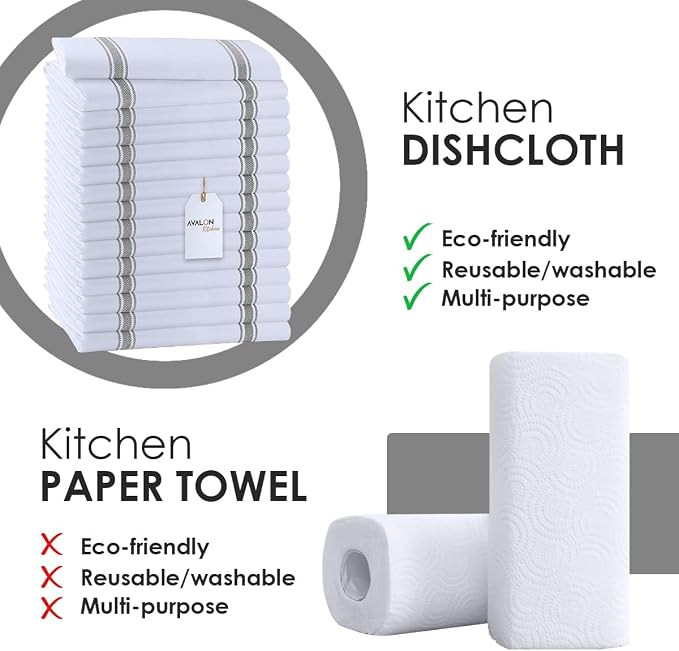 Dish Towels 15 Pack Grey Stripe 100% Cotton Kitchen Towel 15x25 Inch Tea Towels, Dish Cloths for Washing Dishes, Kitchen Rags for Drying Dishes