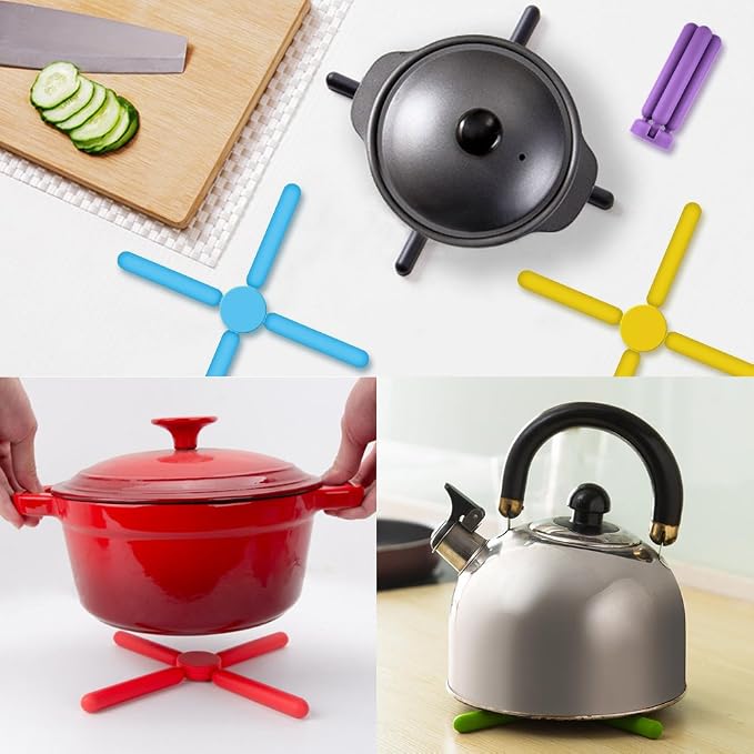 SourceTon 6 Pack Non-Slip Foldable Silicone Trivets in Cute Colors, Silicone Pot Holder, Hot Pad, Pot Holder, Free Bonus Spoon Rest/Balloon Whisk Rest