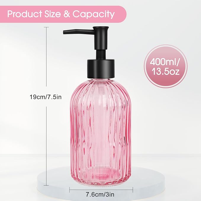 Topsky Stripe Glass Soap Dispenser with Black Plastic Pump, 400ml Liquid Hand Soap Dispenser, Rustproof Pump for Kitchen & Bathroom, Great for Lotions, Essential Oil, Liquid Soaps-Pink