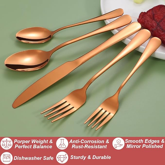 20 Pcs Rose Gold Silverware Set for 4, Food Grade Stainless Steel Flatware Set, Eating Utensils Sets Include Fork/Knife/Spoon, Reusable Cutlery Set for Home Kitchen, Dishwasher Safe, Round Edge