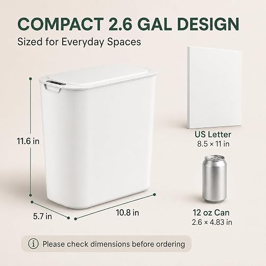 TIPGO Automatic Small Bathroom Trash Can with Lid, 2.6 Gallon, White | Motion Sensor, Plastic, Touchless, Odor Control, Smart Garbage Can, Battery Operated, Manual Button, for Bedroom, Office