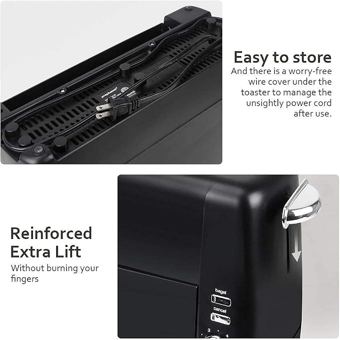 Long Slot Toaster 2 Slice Wide Slot Bread & Bagel Toaster (Black) | 1400W Slim Toaster, Thin & Compact Toaster, Removable Crumb Tray, 6 Shade Settings