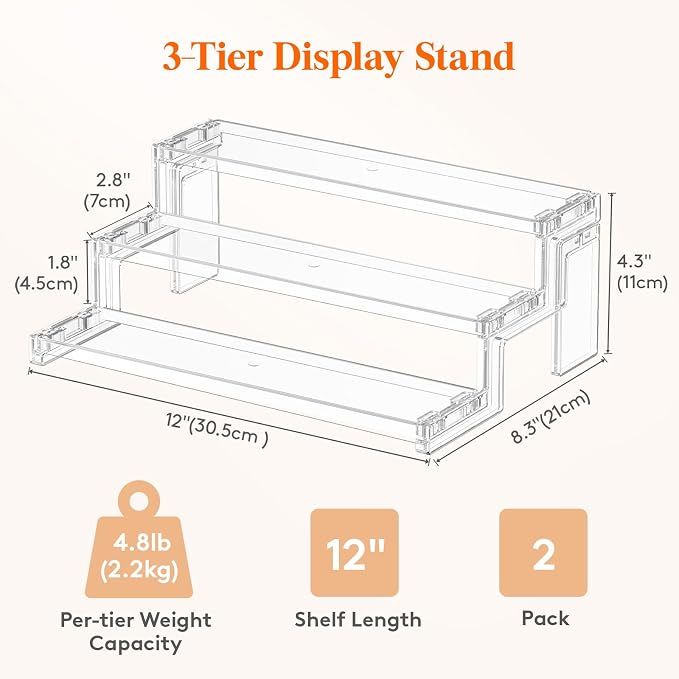 Lifewit 12″ Spice Rack, Perfume Cologne Stand,Tool-Free Assembly, 2 Pcs | 3-Tier Clear Display Riser Shelf, Cupcake Stand, Seasoning Figurine Makeup Holder, Room Decor, Kitchen Cabinet Storage