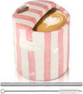 1 Pack Ceramic Mug with Sip Hole, Simple, Pink | 10oz Ceramic Coffee Cup with Straws, Retro Hand Painted Striped, for Iced Coffee Tea Latte Espresso, Kitchen Dining Travel