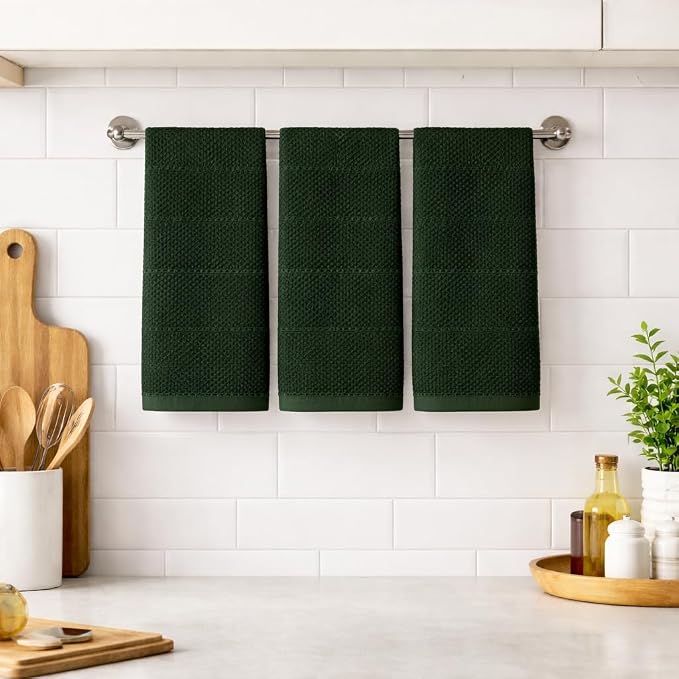 Dark Green Kitchen Hand Dish Towels, Set of 3, 100% Cotton, 18" x 28" | Terry Loop Textured, Soft & Absorbent Cleaning Cloth, Quick Dry, Multipurpose for Everyday Use