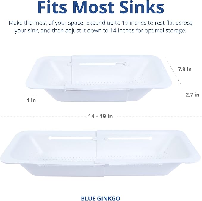 Blue Ginkgo Over Sink Colander, Extendable Kitchen Strainer, 2-Pack, White | Fits Most Sinks. Rinse, Drain and Dry with Ease.