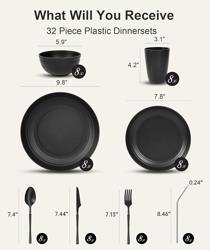 Quatish 64 Piece Plates and Bowls Sets for 8, Unbreakable Dinnerware Sets, Plastic Dish Set for Camping, Dishwasher Microwave Safe, Outdoor Kitchen and Apartment Dinning RV Essentials, Black
