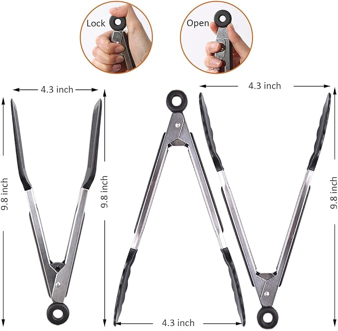 9 Inch Kitchen Tongs with Silicone Tips Set of 3(Black) | Stainless Steel Handle, Non-Scratch, Heat Resistant