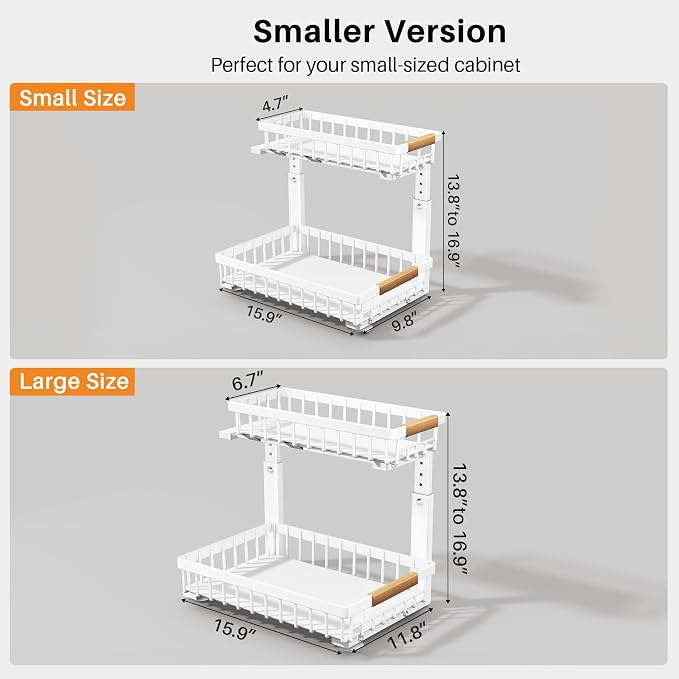 PXRACK Under Sink Organizer, Adjustable Height, 2 Tier Pull Out Under Cabinet Organizer, Slide Out Thickened Metal Under Sink Storage for Kitchen Bathroom Laundry Pantry Cabinet, White, Small-2-Pack