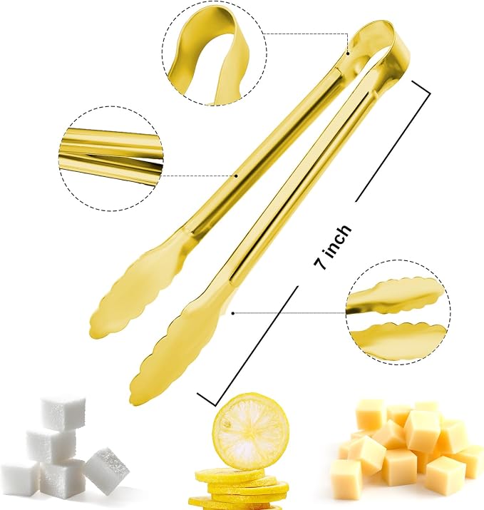 8PCS Gold Metal Tongs, 7" Stainless Steel Serving Tong, Small Kitchen Accessories for Appetizer, Ice, Sugar Cube, Salad, Toaster, Desserts (Gold, 7 INCH)
