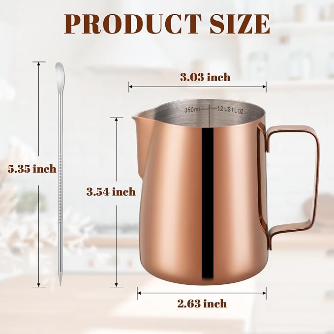 Amrules Milk Frothing Pitcher 12oz Frother Cup Barista Tools, Rose Gold | 18/8 Stainless Steel, 12oz Capacity with Clear Scale, with Decorating Pen, Ergonomic Handle, for Cappuccino, Latte & Espresso