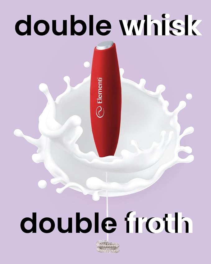 Elementi Milk Frother Wand - Easy to Use Handheld Electric Stirrer for Powder Drinks, Durable & Powerful Coffee Whisk & Protein Powder Mixer Wand, Hand Frother, Coffee Stirrers Electric (Red)