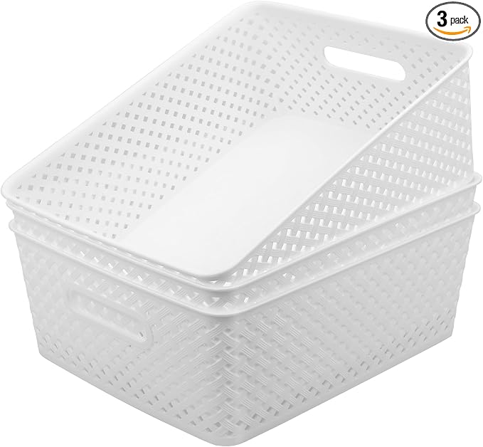 MaxGear 3 Pack Plastic Storage Baskets, Large, White | Durable Woven Plastic with Built-In Handles, Suitable for Shelves, Closets, Cabinets, Bathrooms and Offices