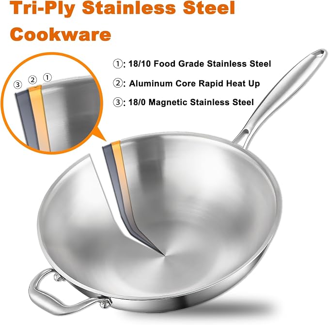 DELARLO Tri-Ply Stainless Steel Wok, 12 Inch Healthy Non-Toxic Cooking Wok Pan with Lid, With Side Ear, Wide & Deep Cookware Stir-Fry Pans, Dishwasher and Oven Safe Up To 600°F, Works on Induction