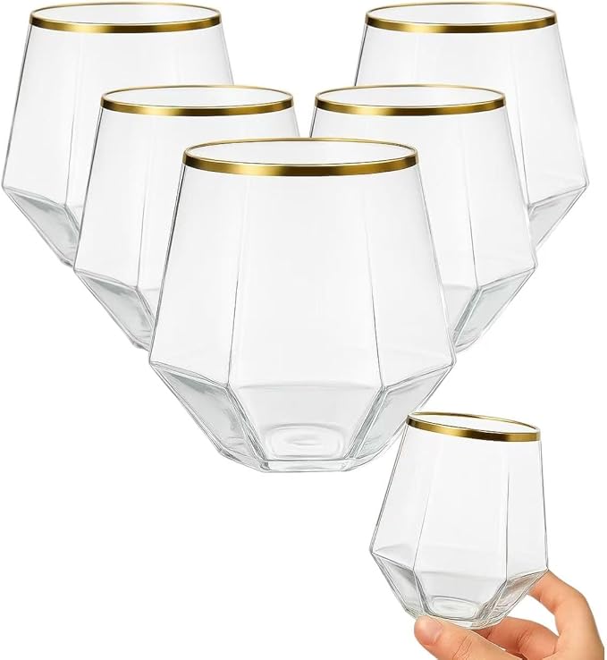 Oojami 48 Pack Plastic Champagne Flutes and Wine Glasses, Diamond Gold Rim | Stemless 9oz Flutes, 12oz Cocktail Cups, Mimosa Glasses, BPA-Free Shatterproof Reusable Recyclable for Wedding Birthday Party