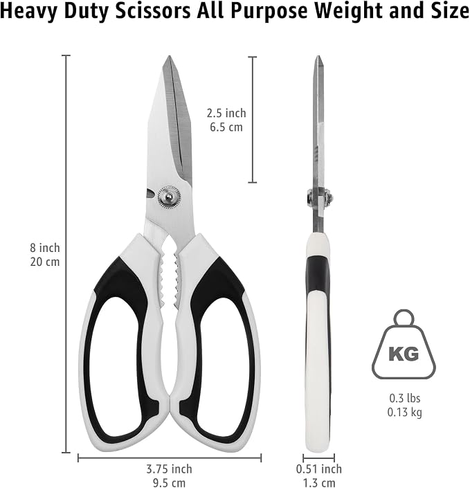BoFuYuan Utility Scissors All Purpose heavy duty 8-Inch White | Comfort Grip, Sharp Serrated Blades Cutting Carpet Cardboard Wire Fabric, Multipurpose Shears for Kitchen Garden Office Craft