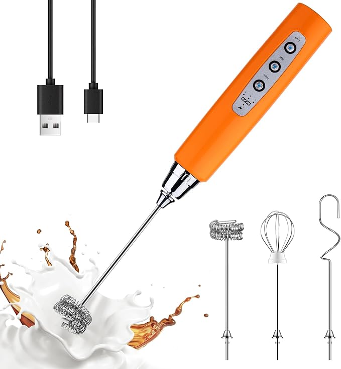 YUSWKO Fluorescence Orange Handheld Milk Frother Wand for Coffee, Rechargeable Electric Whisk with 3 Heads 3 Speeds Drink Mixer Coffee Frother For Latte, Cappuccino, Hot Chocolate, Egg | Drink Mixer Wand Coffee Frother Handheld With 3 Heads 3 Speeds Fo...