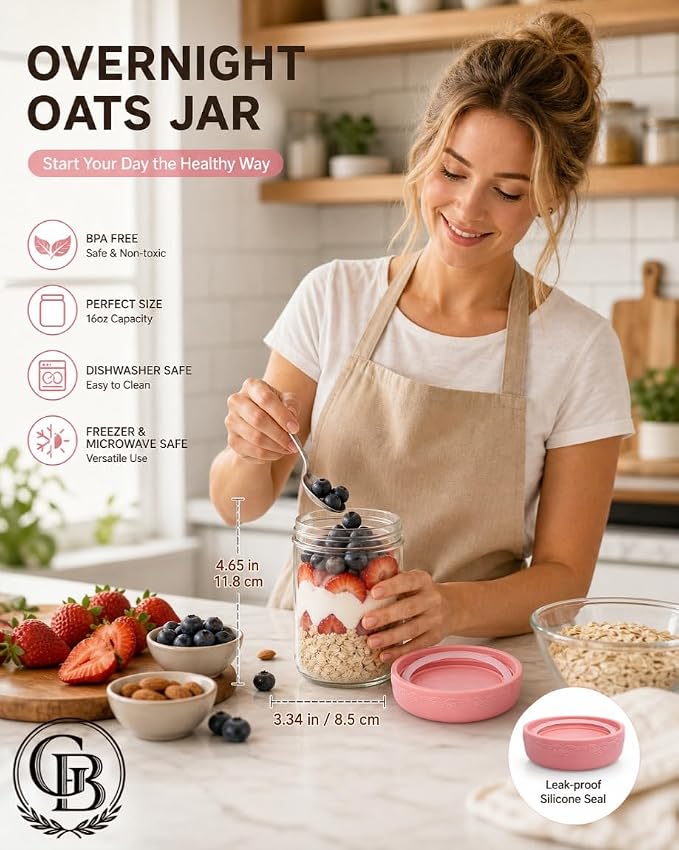 16 OZ Overnight Oats Jars with Lids 8 Pack, Glass Meal Prep Containers, Reusable Food Storage Jars, Airtight Mason Jars for Breakfast, Yogurt Parfait, Salad, Smoothies(8 Pack)