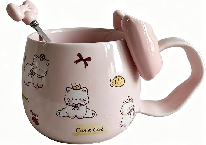 DTI YEOP-Cute Pink Cat Ceramic Coffee Mug with 3D Bow & Bow Spoon | Kawaii Kitty Animal Tea Cup,13.5oz,Large Curved Handle Milk Cup, Lovely Gift for Girls Women Birthday Christmas