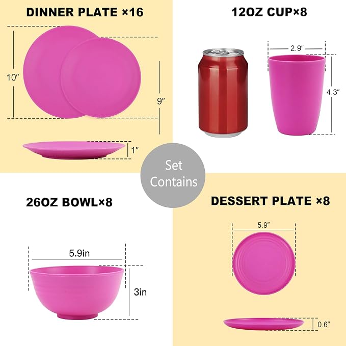 PYRMONT Wheat Straw Plates and Bowls Sets 40 PCS Unbreakable Dishes Set for 8 Microwave & Dishwasher Safe Dinnerware Sets for Kitchen,Party,RV Camping Dishes-Pink Matte