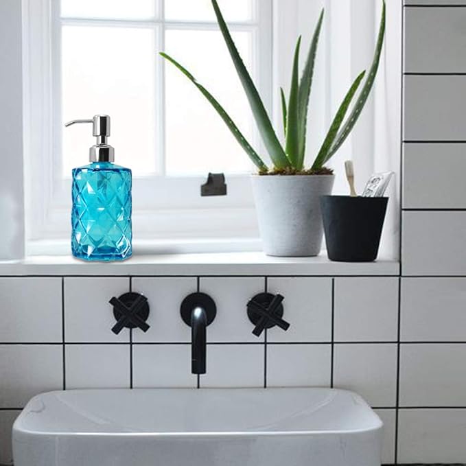JASAI 12 Oz Diamond Design Soap Dispenser with Rust Proof Soap Pump | Kitchen Soap Dispenser for Bathroom, Hand Soap, Dish Soap (Clear Blue).