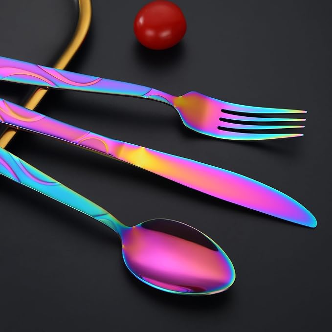 30-Piece Rainbow Silverware Set for 6 | Grade 430 Stainless Steel Colorful Flatware Set, Cutlery Set Service for 6, including Fork Spoon and Knife, Dishwasher Safe