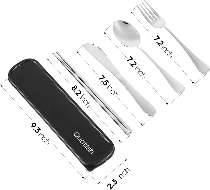 Travel Utensils with Case, Quatish 5 Piece Stainless Steel Silverware Set for Work, Portable Reusable Travel Cutlery Set, Fork and Spoon Set for Picnic, Camping, Gadgets, Lunch Box for Men, Silver