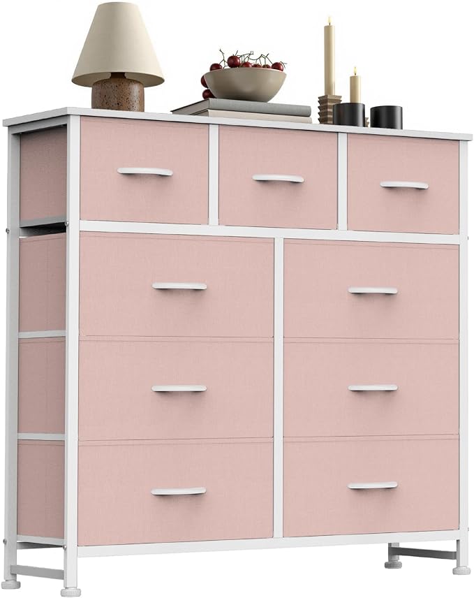 Sweetcrispy 9 Drawer Fabric Dresser Storage Tower Drawer Organizer, Pink | Sturdy Steel Frame with Wood-top, Easy-pull Handles, Space-Saving Organizer Chest for Girls Bedroom, Closet, Lightweight