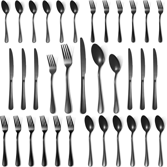 Silverware Set,30-Piece Stainless Steel Flatware Set for 6 | Food-Grade Stainless Steel Cutlery Set,Dishwasher Safe,Mirror Finished Utensil Sets for Home Restaurant,Round Edge,Black