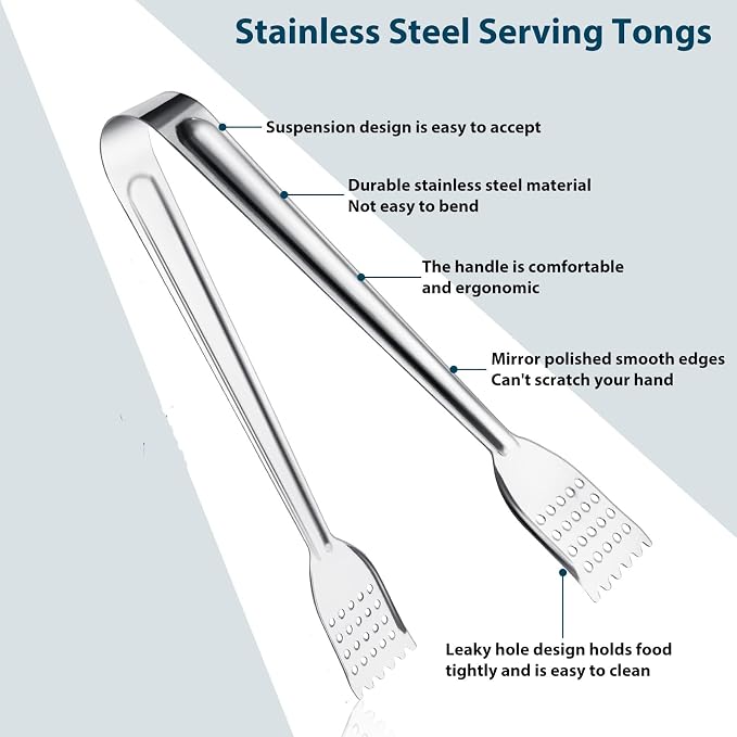 8 Pack Serving Tongs, 9 Inch, Silver, Stainless Steel, Ideal for Parties & Daily Use