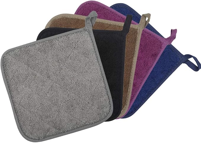 Pot Holders for Kitchen, 100% Cotton Terry Pot Holder Set of 5, Multi Color Hot Pads for Cooking, Baking, Hot Dishes and Countertop Protection